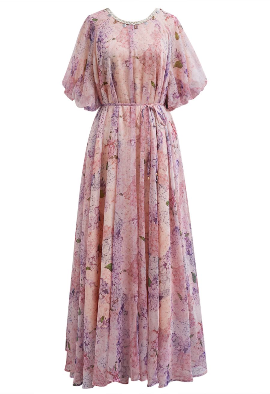 Hydrangea Printed Shell Pendant Neckline Maxi Dolly Dress