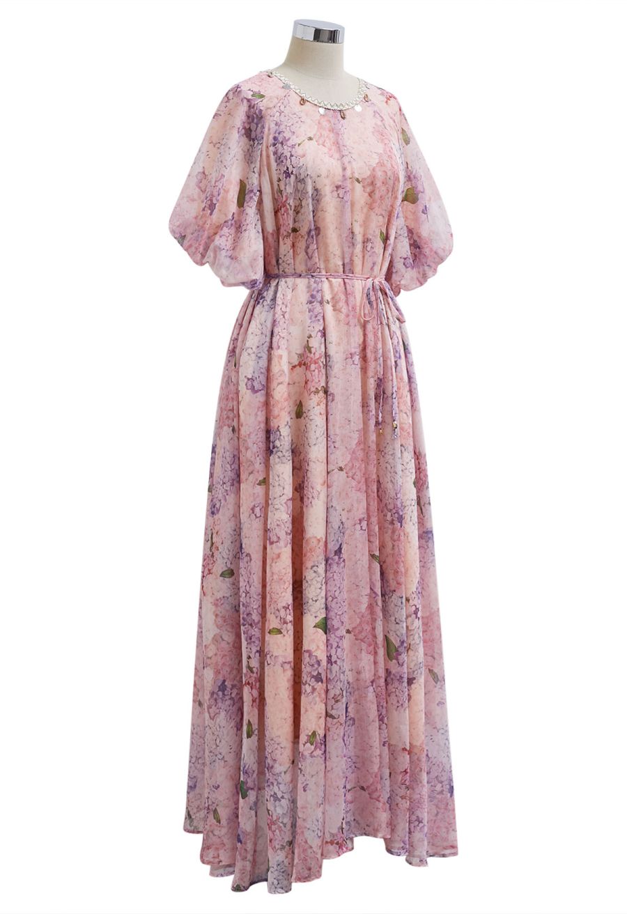 Hydrangea Printed Shell Pendant Neckline Maxi Dolly Dress