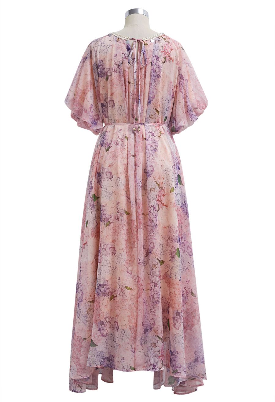 Hydrangea Printed Shell Pendant Neckline Maxi Dolly Dress