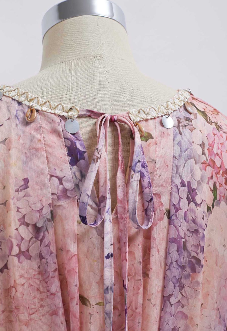 Hydrangea Printed Shell Pendant Neckline Maxi Dolly Dress