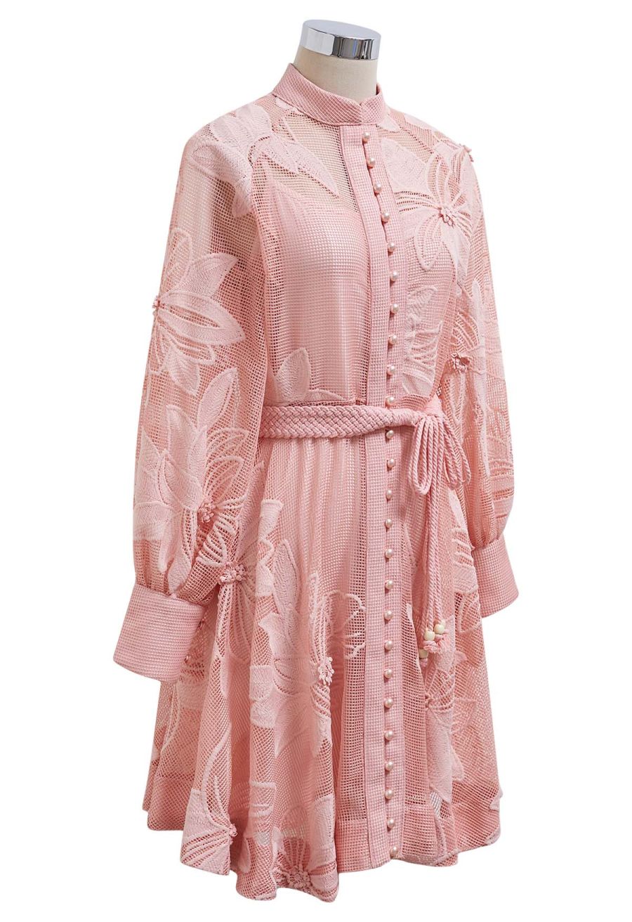 Embroidered Floral Belted Fishnet Midi Dress in Pink