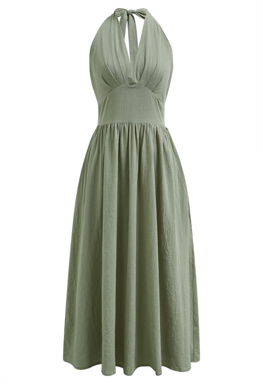 Vintage-Inspired Self-Tie Halter Neck Cotton Dress in Pistachio