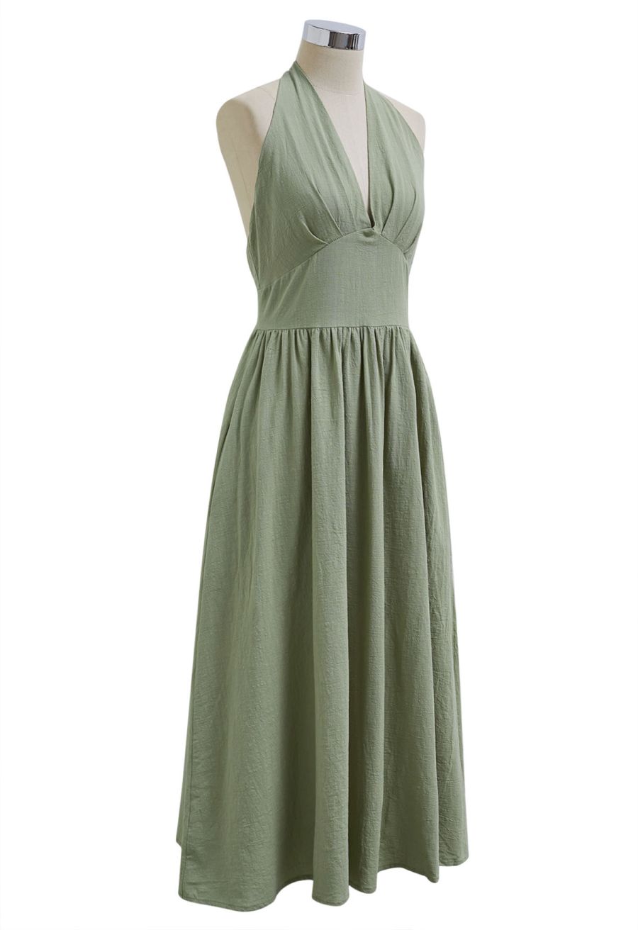 Vintage-Inspired Self-Tie Halter Neck Cotton Dress in Pistachio