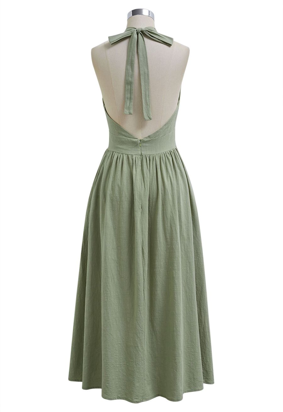 Vintage-Inspired Self-Tie Halter Neck Cotton Dress in Pistachio
