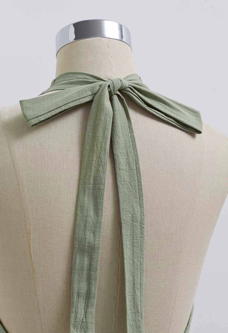 Vintage-Inspired Self-Tie Halter Neck Cotton Dress in Pistachio