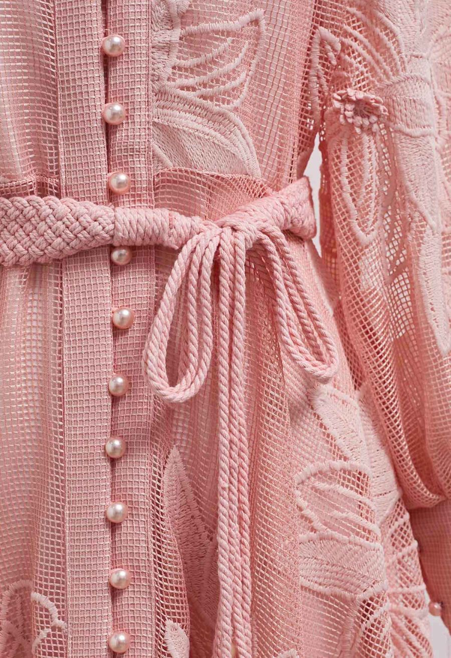 Embroidered Floral Belted Fishnet Midi Dress in Pink
