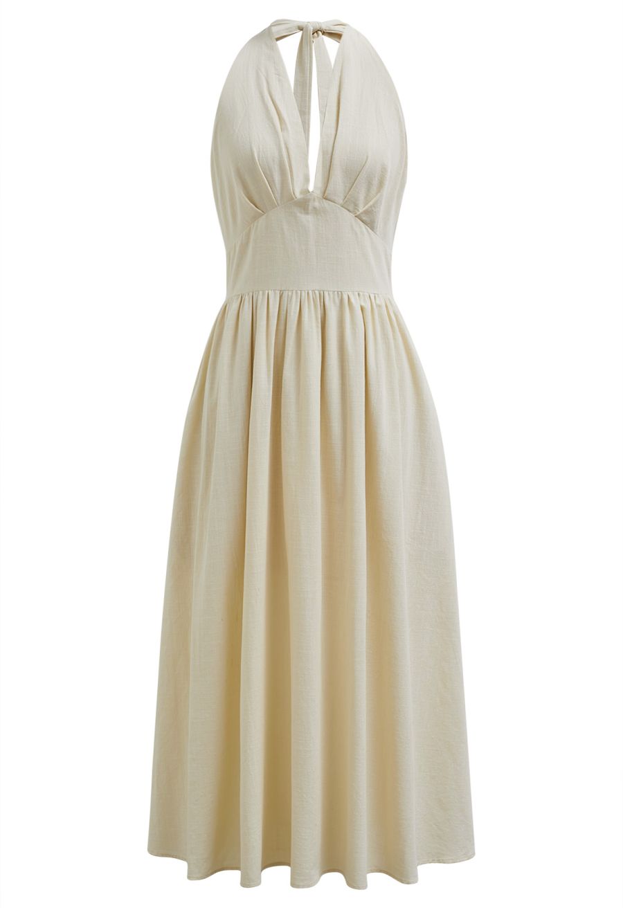 Vintage-Inspired Self-Tie Halter Neck Cotton Dress in Light Yellow