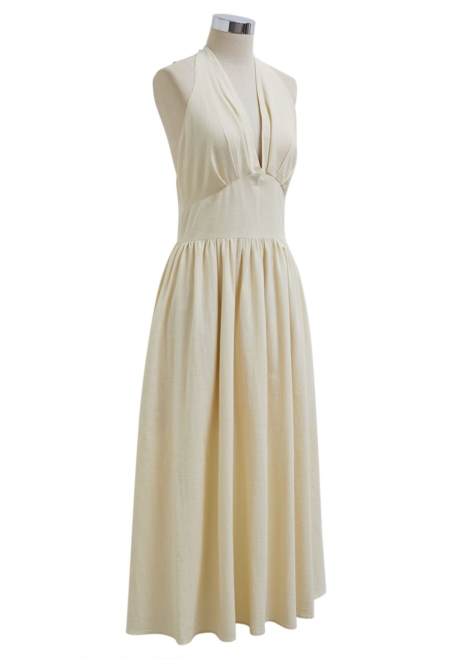 Vintage-Inspired Self-Tie Halter Neck Cotton Dress in Light Yellow