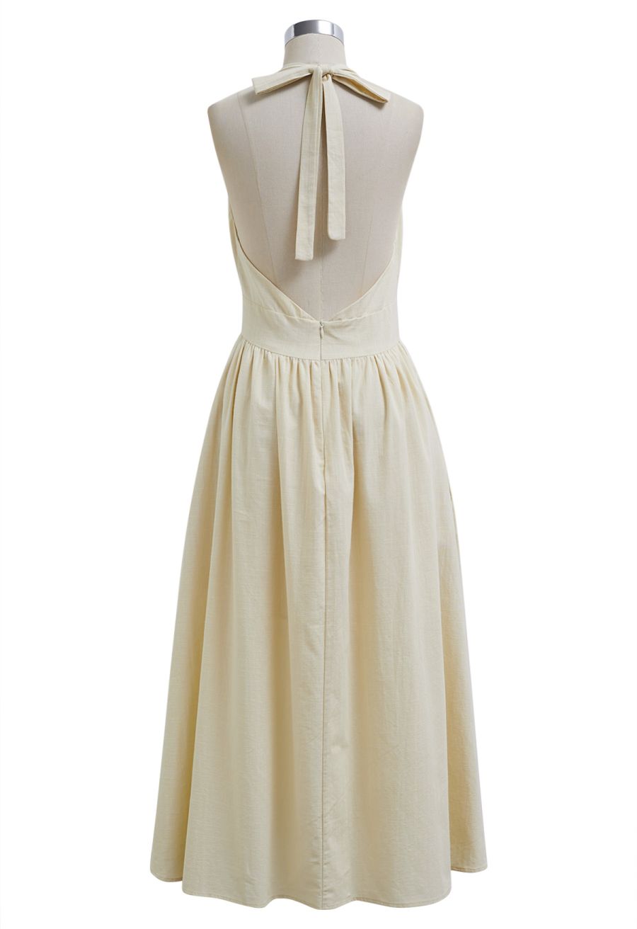 Vintage-Inspired Self-Tie Halter Neck Cotton Dress in Light Yellow
