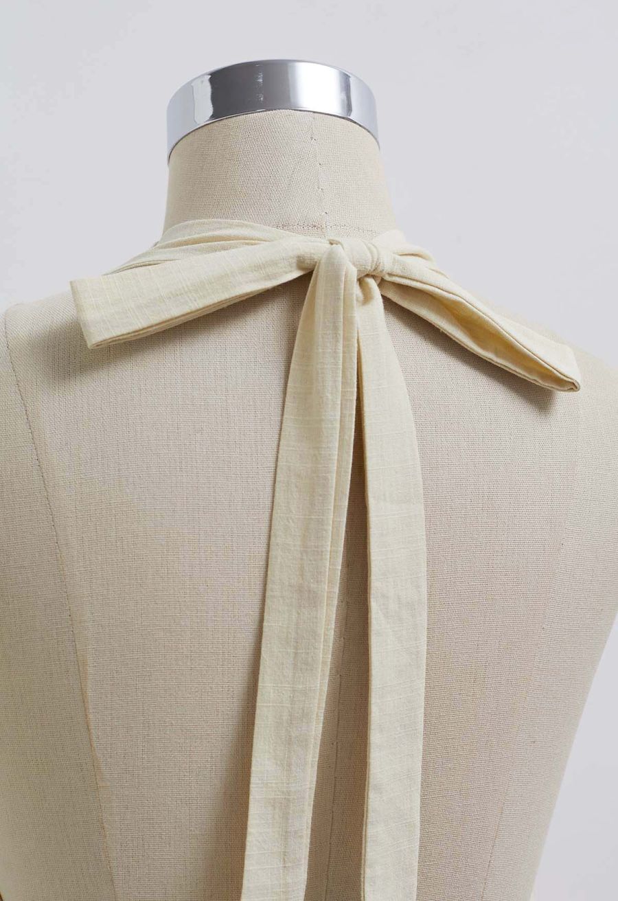 Vintage-Inspired Self-Tie Halter Neck Cotton Dress in Light Yellow