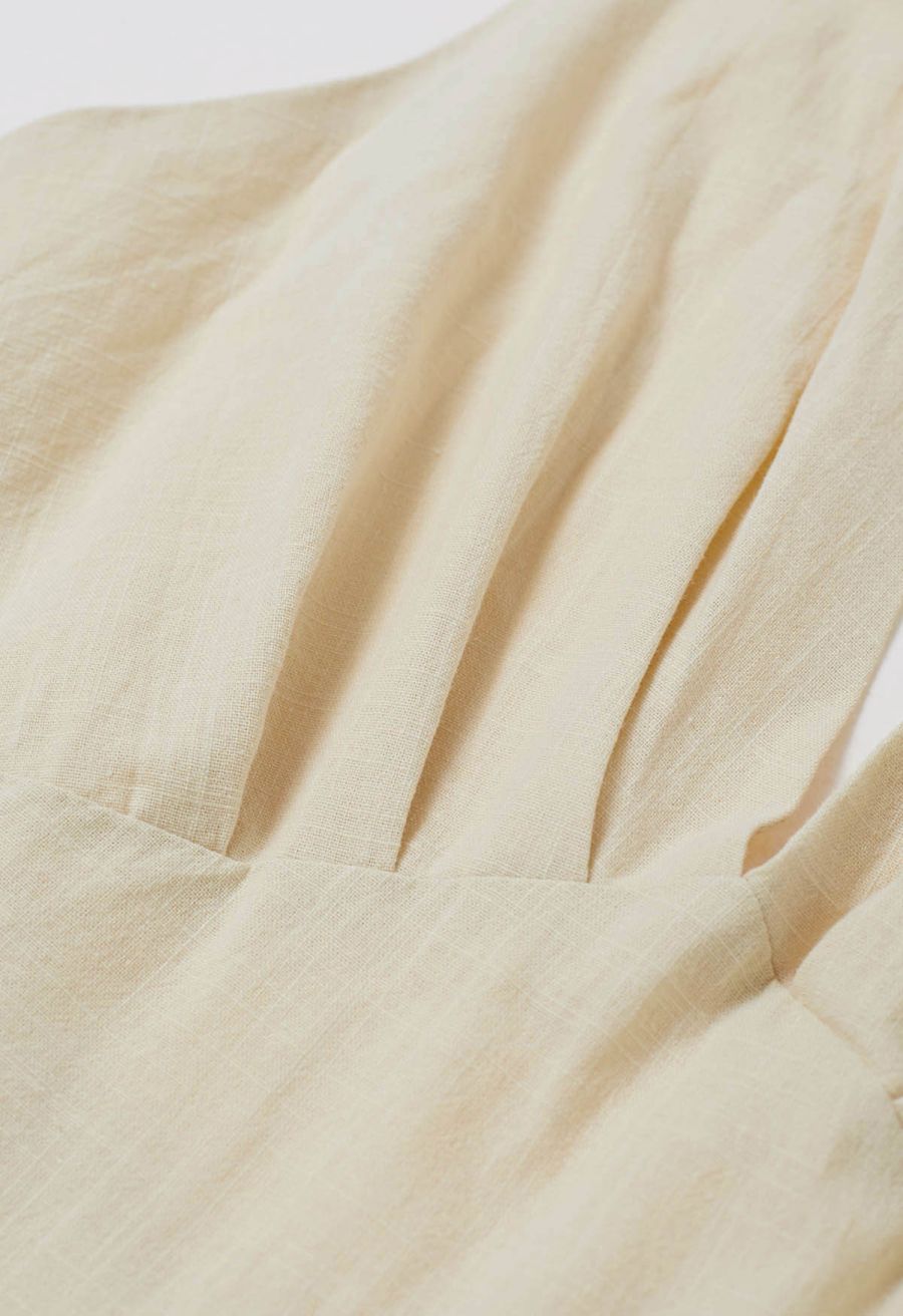 Vintage-Inspired Self-Tie Halter Neck Cotton Dress in Light Yellow
