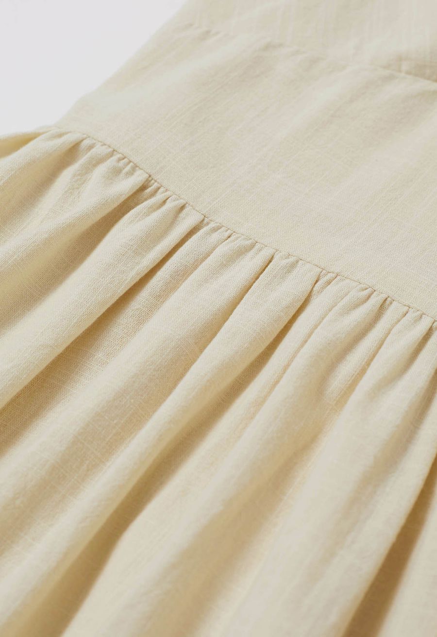 Vintage-Inspired Self-Tie Halter Neck Cotton Dress in Light Yellow