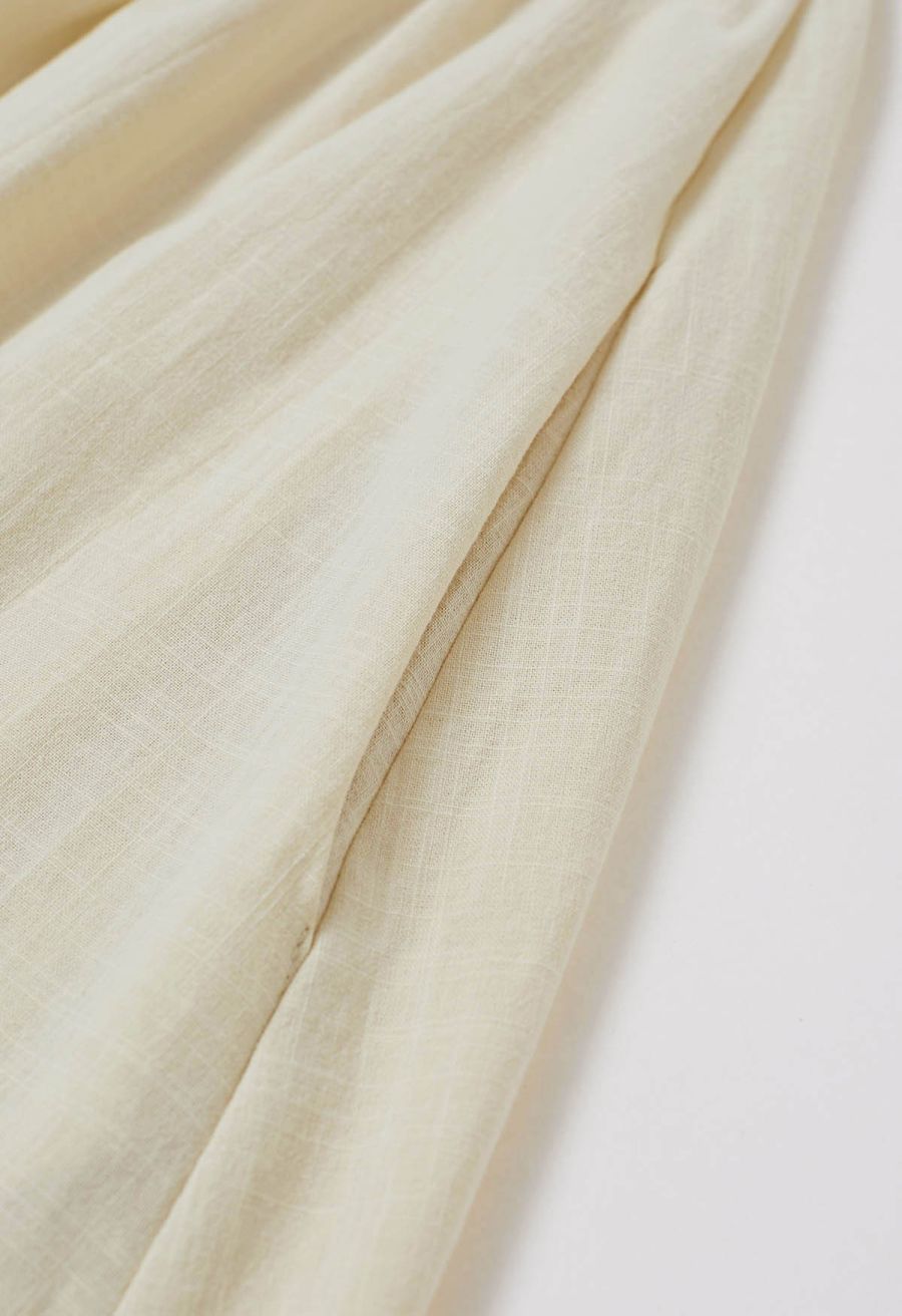 Vintage-Inspired Self-Tie Halter Neck Cotton Dress in Light Yellow