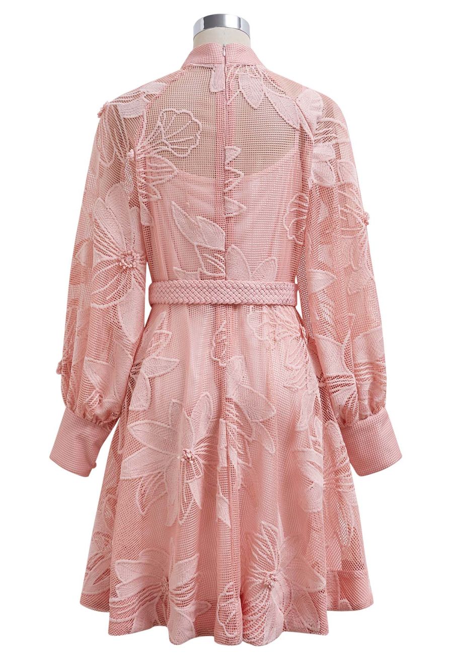 Embroidered Floral Belted Fishnet Midi Dress in Pink