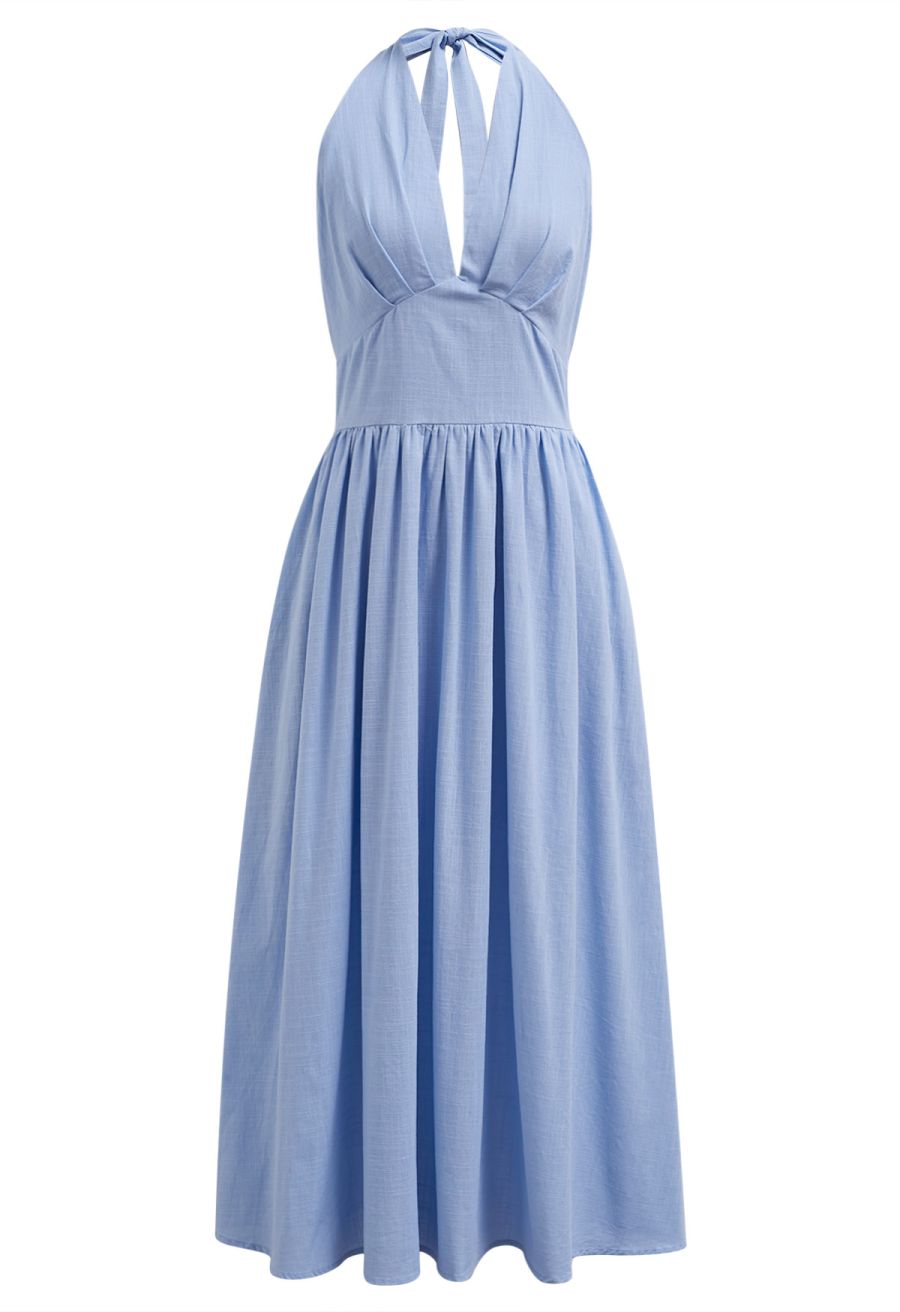 Vintage-Inspired Self-Tie Halter Neck Cotton Dress in Blue