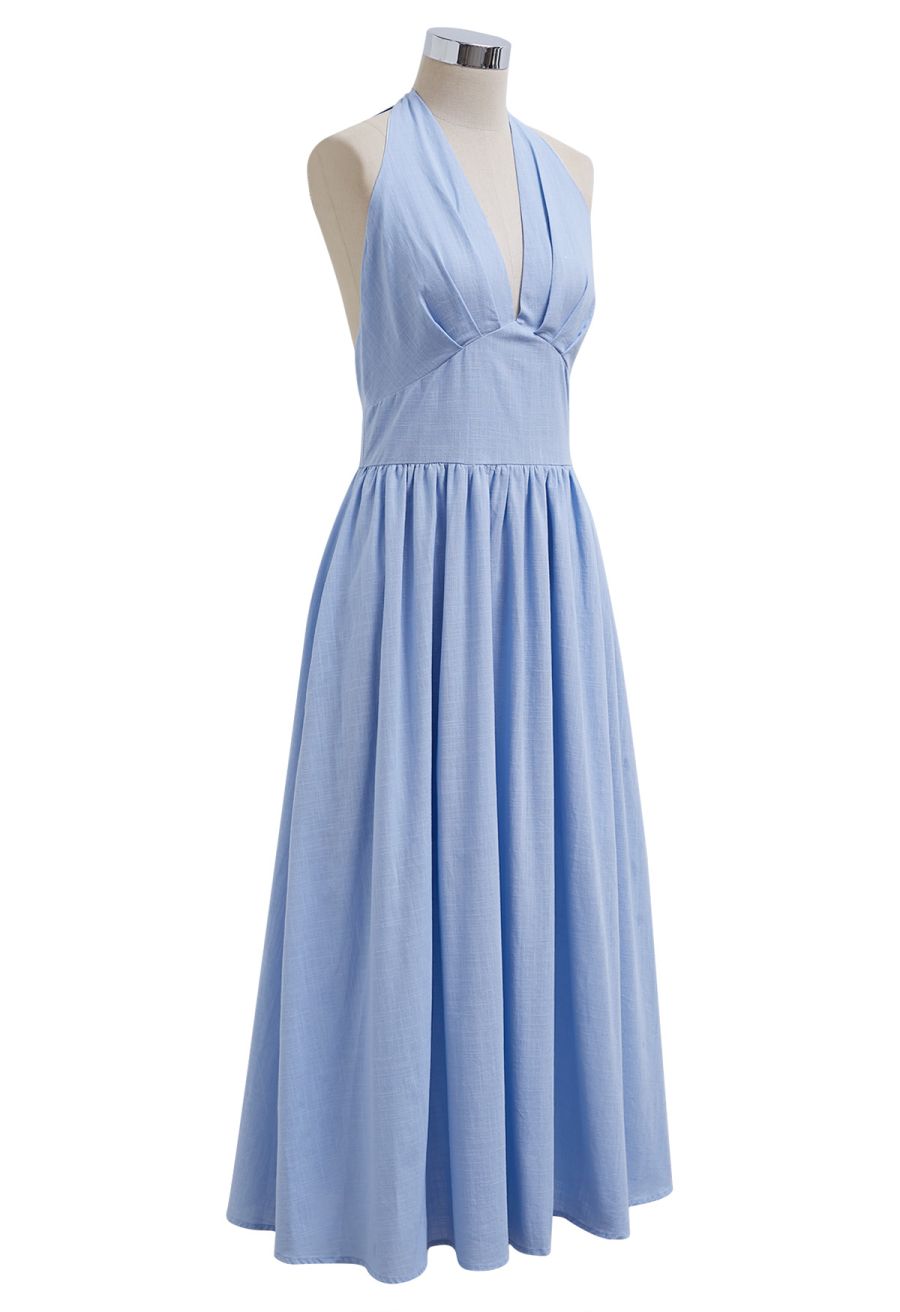 Vintage-Inspired Self-Tie Halter Neck Cotton Dress in Blue