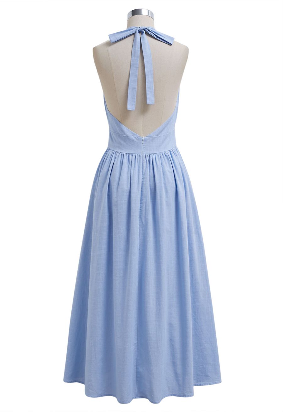 Vintage-Inspired Self-Tie Halter Neck Cotton Dress in Blue
