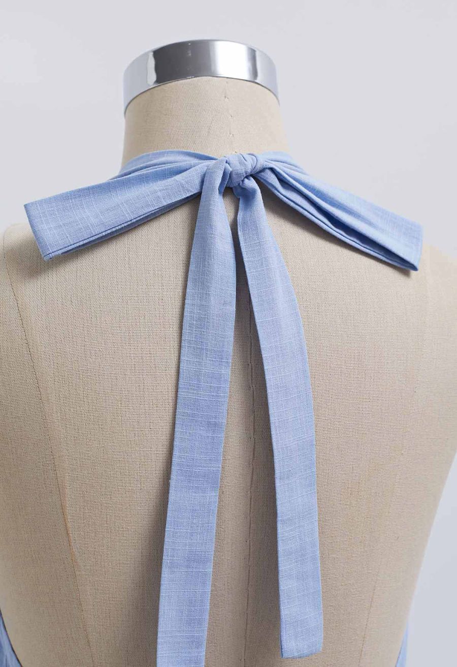 Vintage-Inspired Self-Tie Halter Neck Cotton Dress in Blue