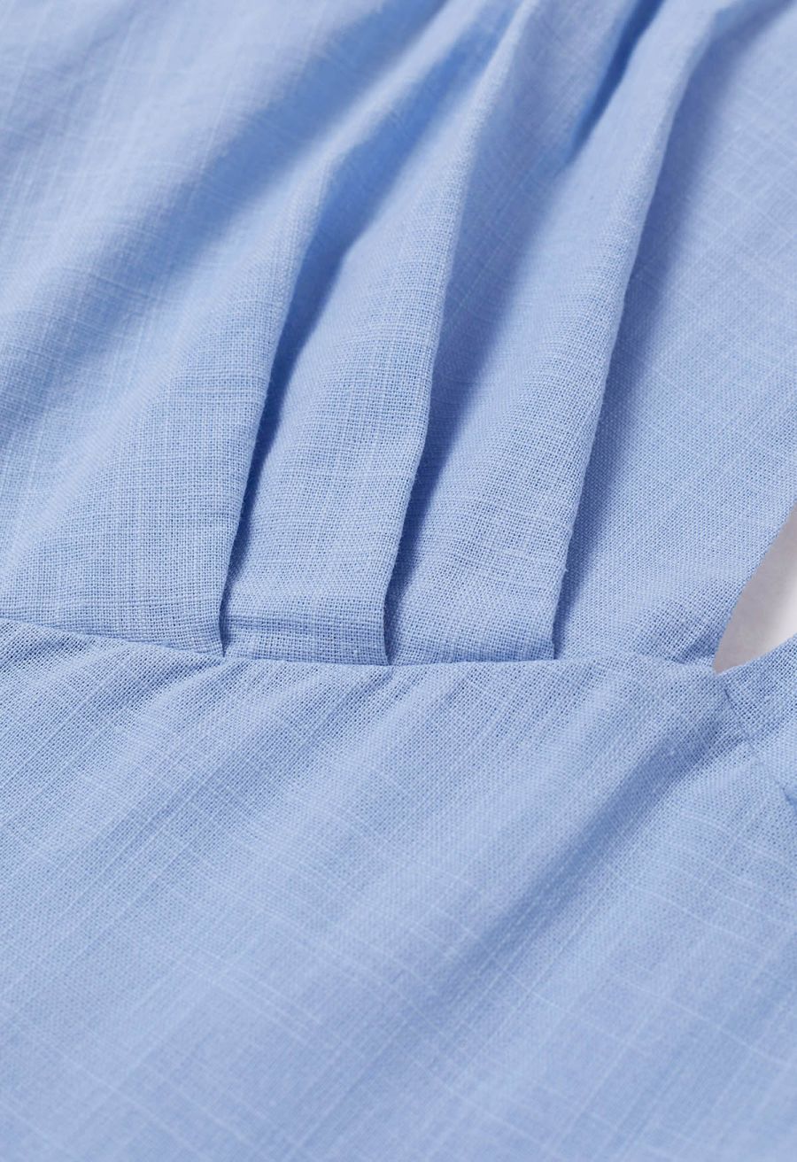 Vintage-Inspired Self-Tie Halter Neck Cotton Dress in Blue