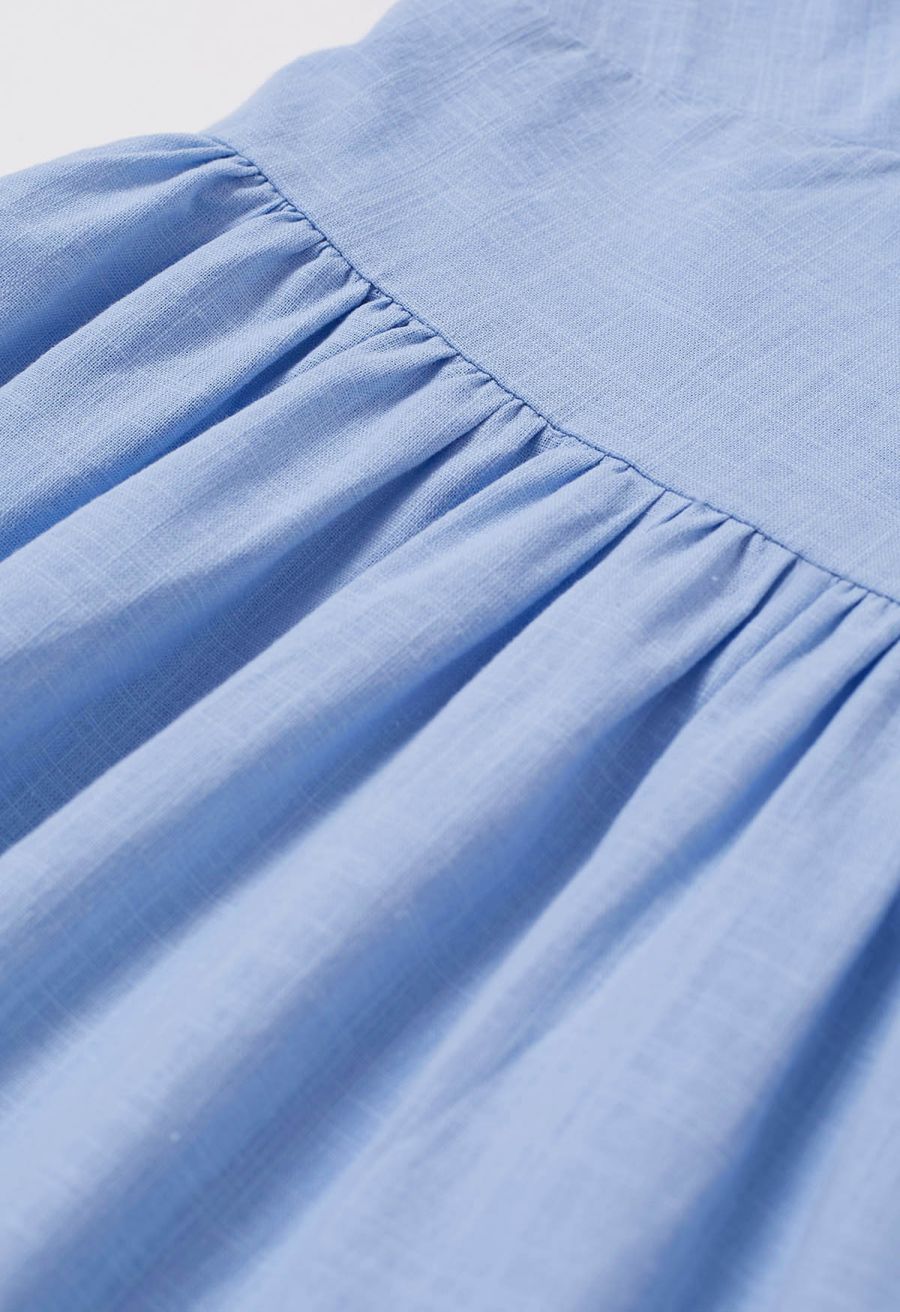 Vintage-Inspired Self-Tie Halter Neck Cotton Dress in Blue