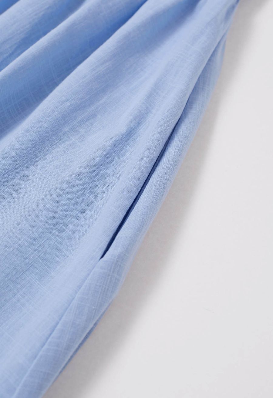 Vintage-Inspired Self-Tie Halter Neck Cotton Dress in Blue