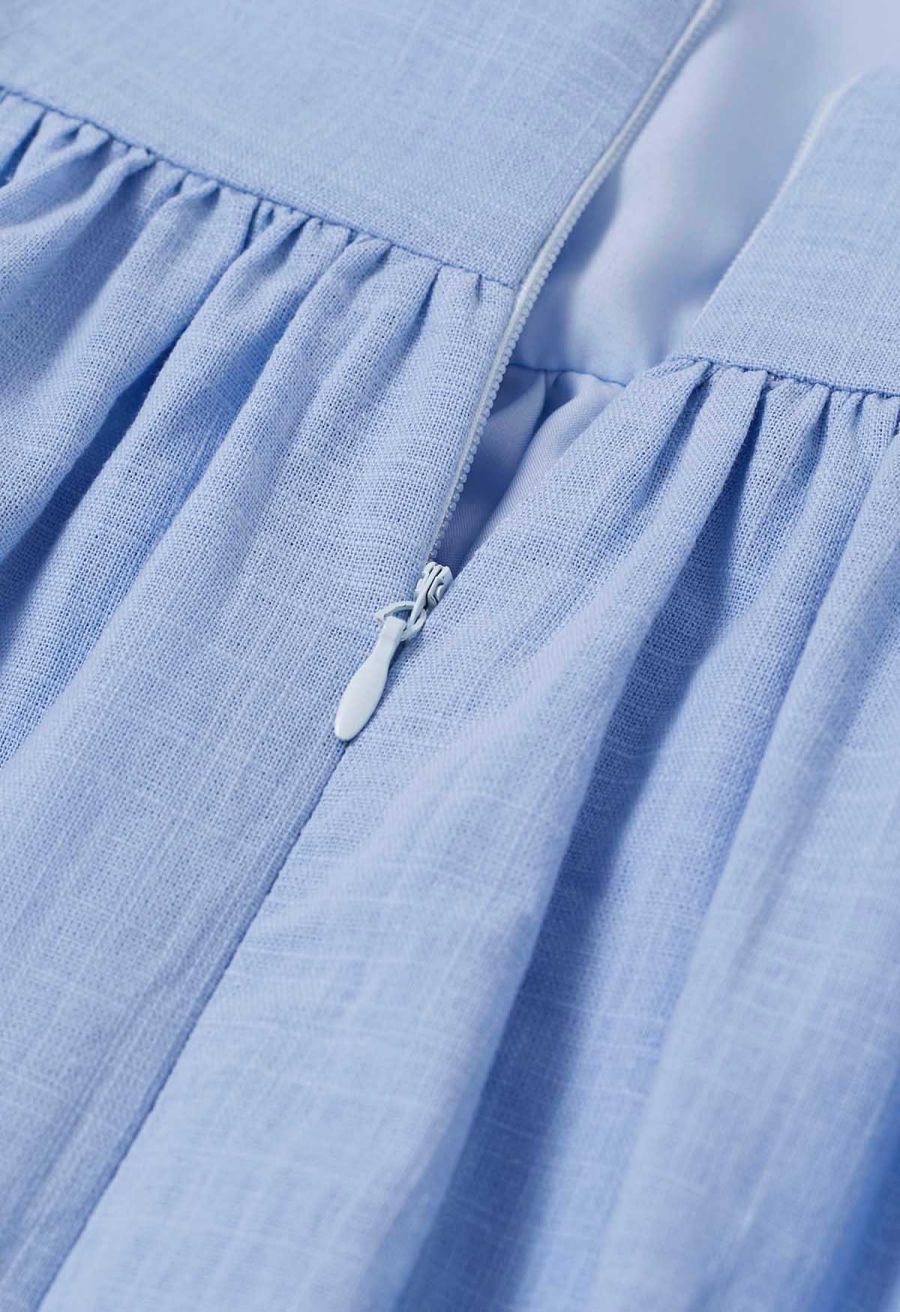 Vintage-Inspired Self-Tie Halter Neck Cotton Dress in Blue