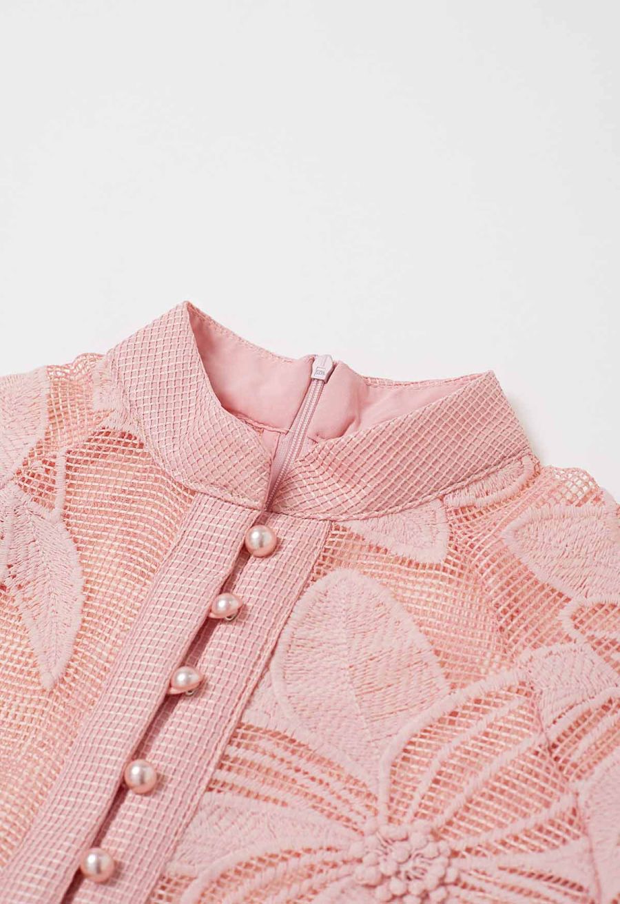 Embroidered Floral Belted Fishnet Midi Dress in Pink