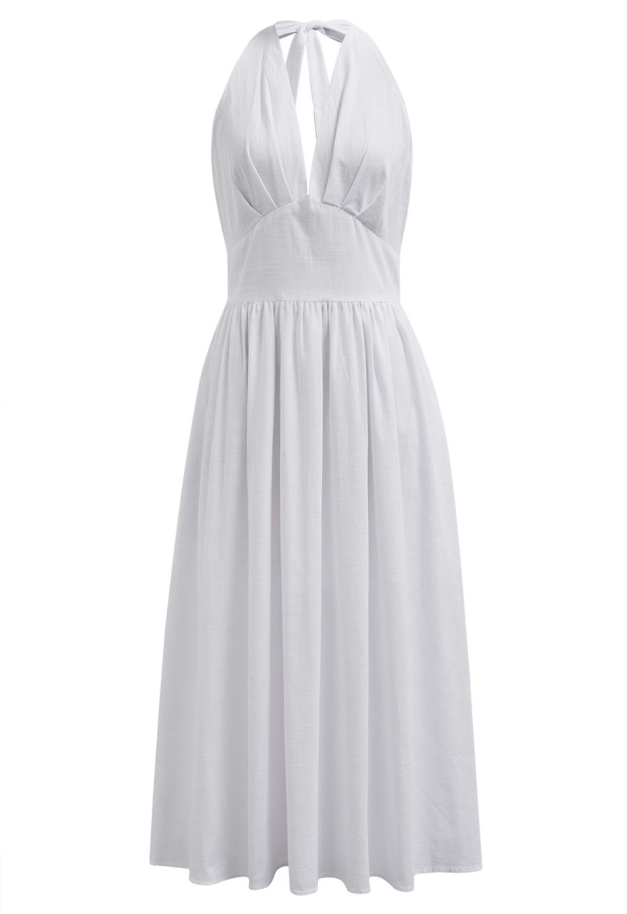 Vintage-Inspired Self-Tie Halter Neck Cotton Dress in White