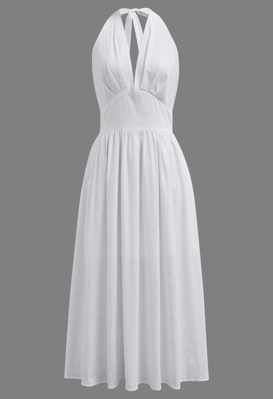 Vintage-Inspired Self-Tie Halter Neck Cotton Dress in White