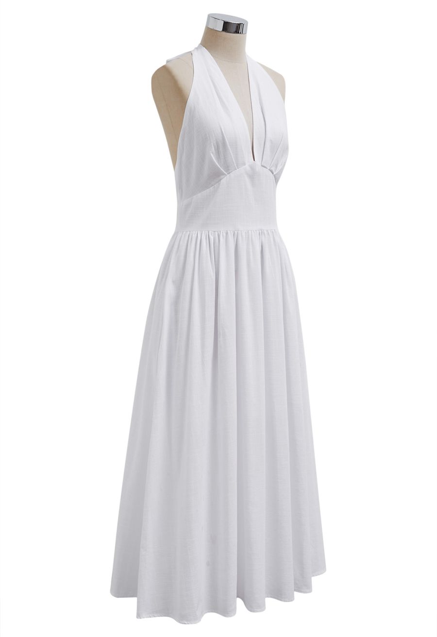 Vintage-Inspired Self-Tie Halter Neck Cotton Dress in White
