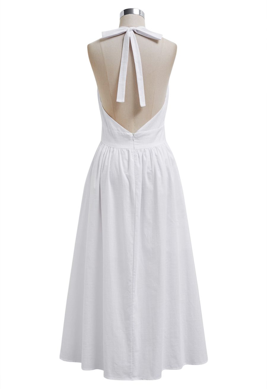 Vintage-Inspired Self-Tie Halter Neck Cotton Dress in White