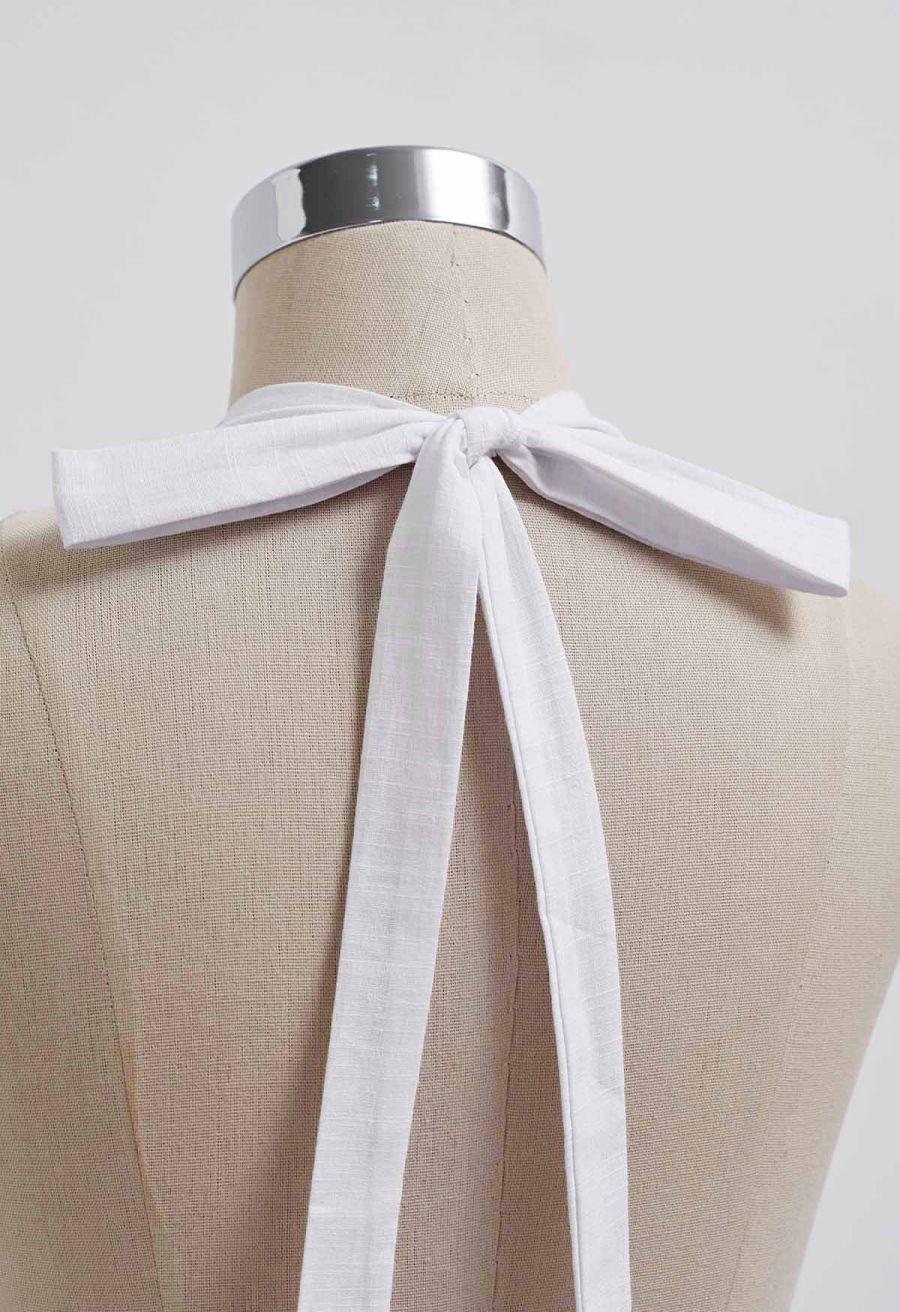 Vintage-Inspired Self-Tie Halter Neck Cotton Dress in White