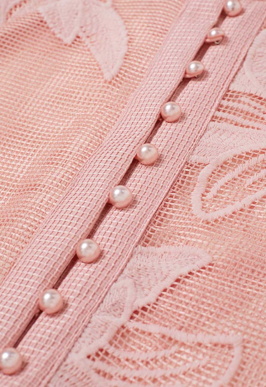 Embroidered Floral Belted Fishnet Midi Dress in Pink