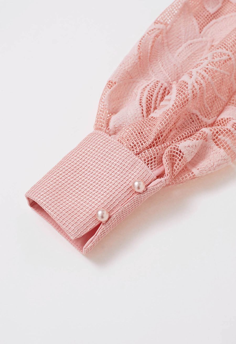 Embroidered Floral Belted Fishnet Midi Dress in Pink