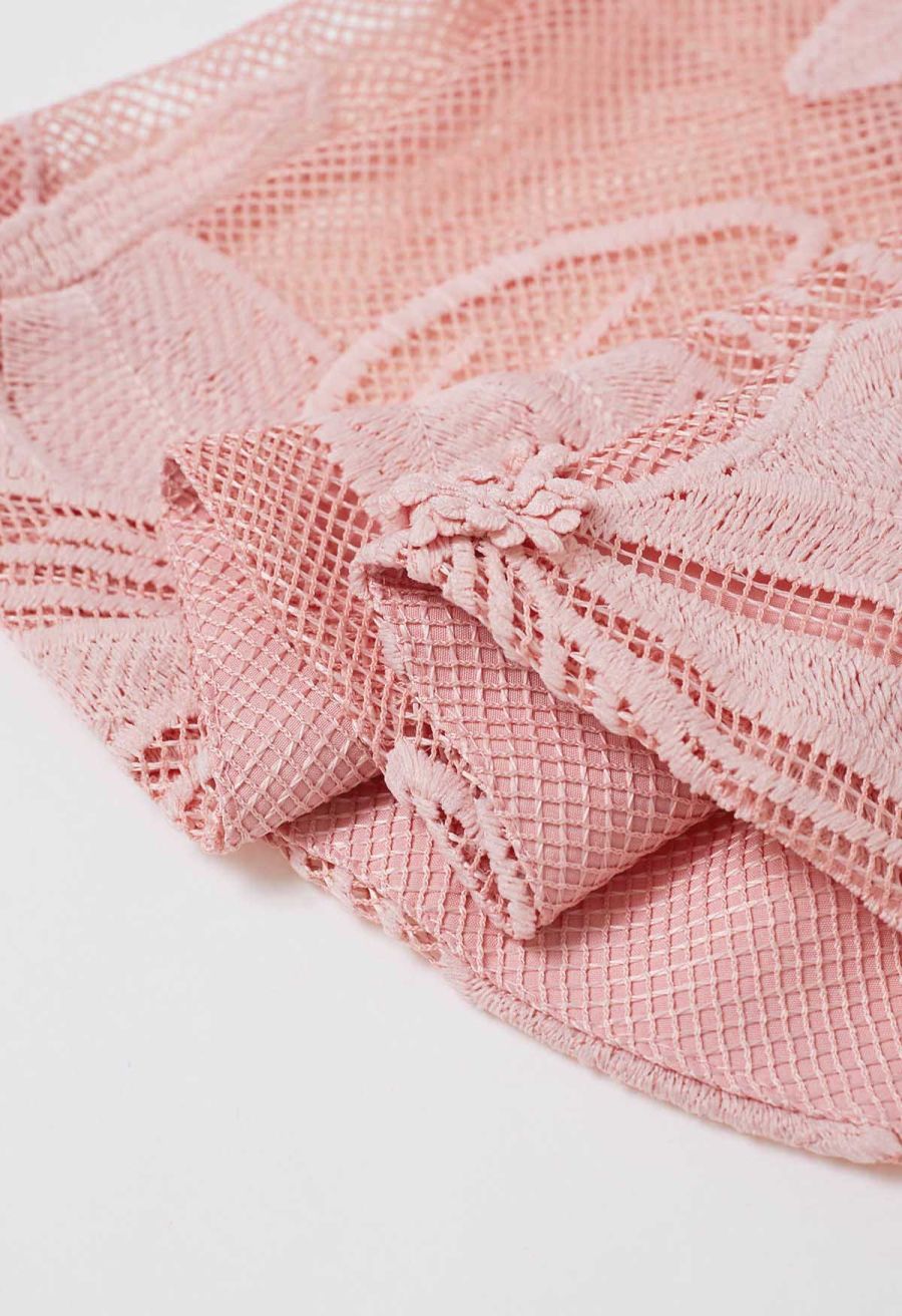 Embroidered Floral Belted Fishnet Midi Dress in Pink