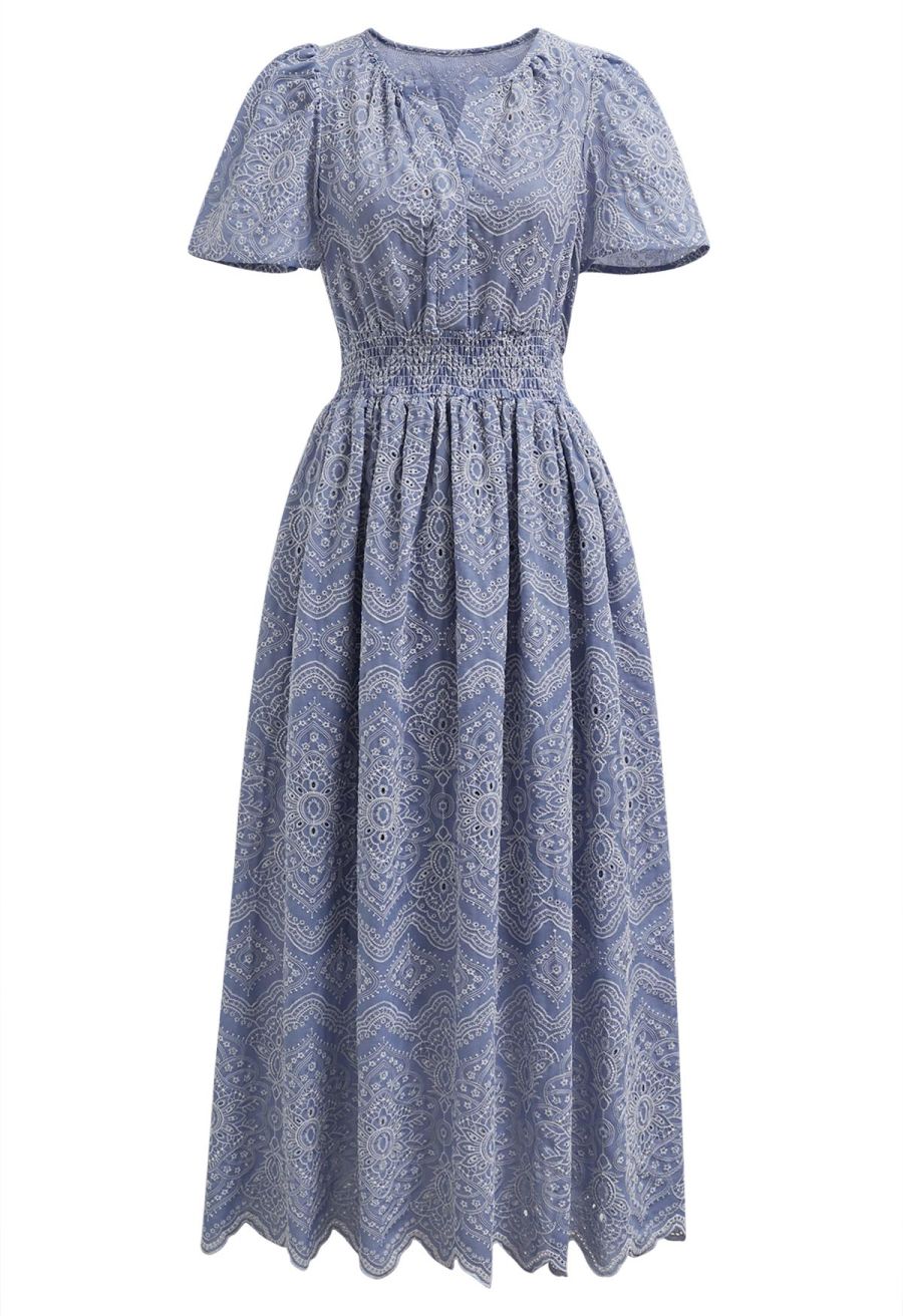 Blue Exotic Tile Embroidered Maxi Dress