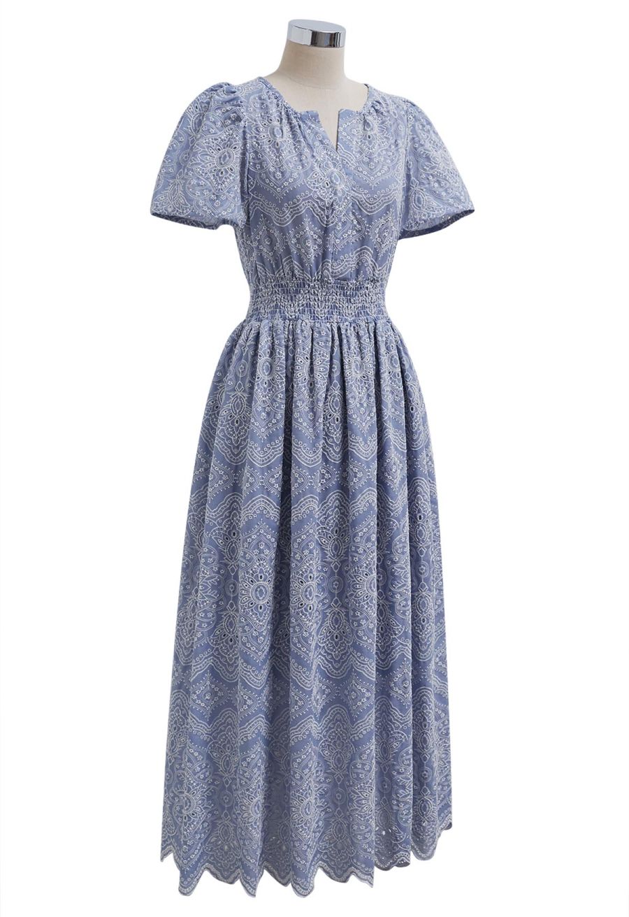 Blue Exotic Tile Embroidered Maxi Dress