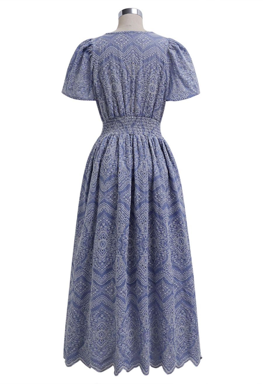 Blue Exotic Tile Embroidered Maxi Dress