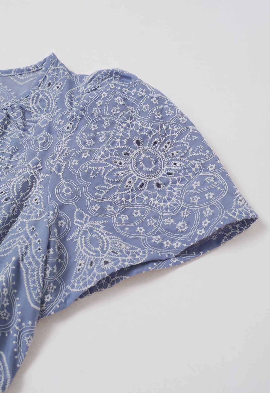 Blue Exotic Tile Embroidered Maxi Dress