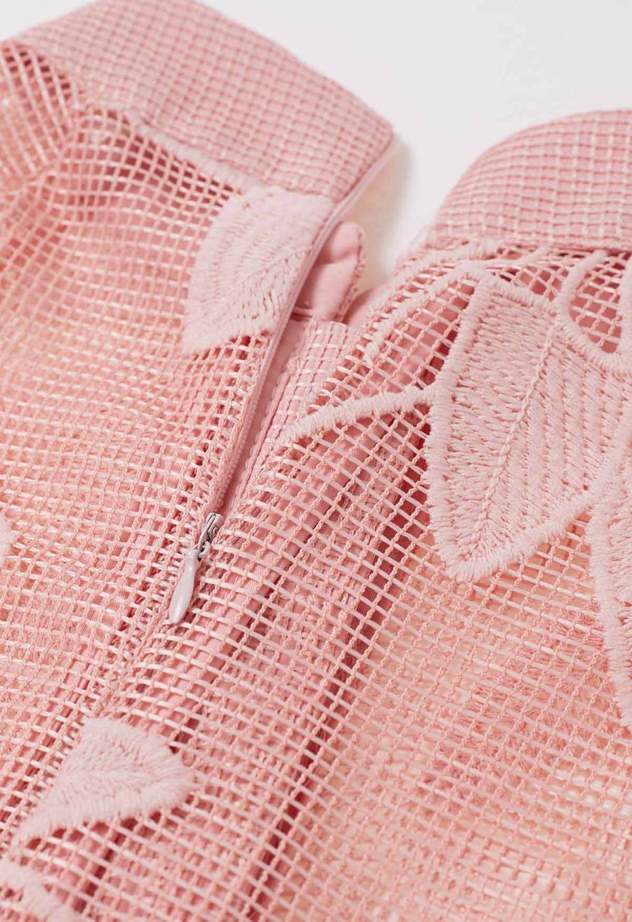 Embroidered Floral Belted Fishnet Midi Dress in Pink