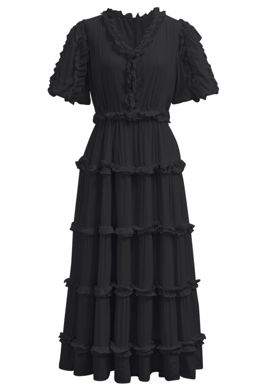 V-Neck Ruffle Embellished Tiered Dress in Black
