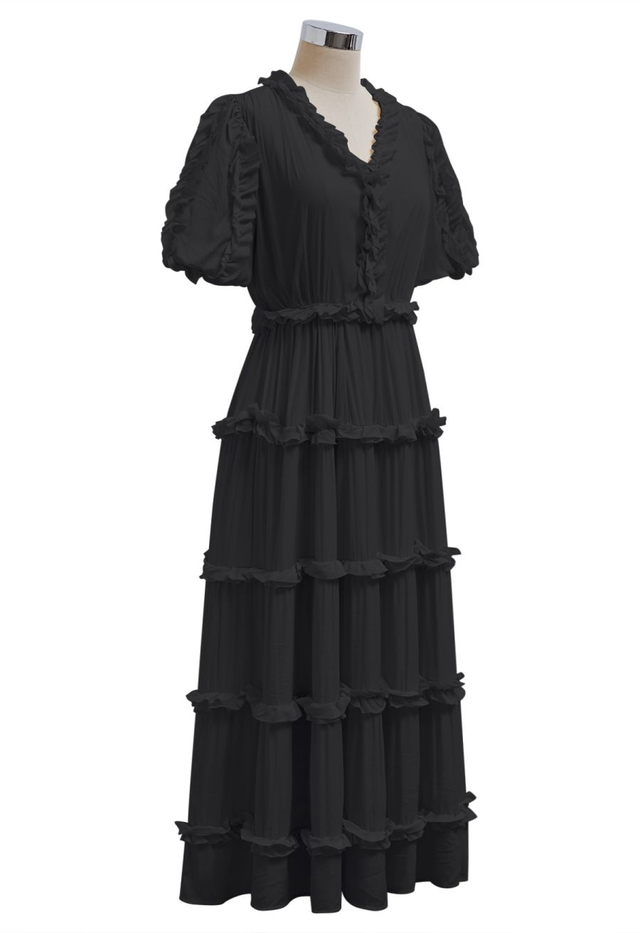 V-Neck Ruffle Embellished Tiered Dress in Black