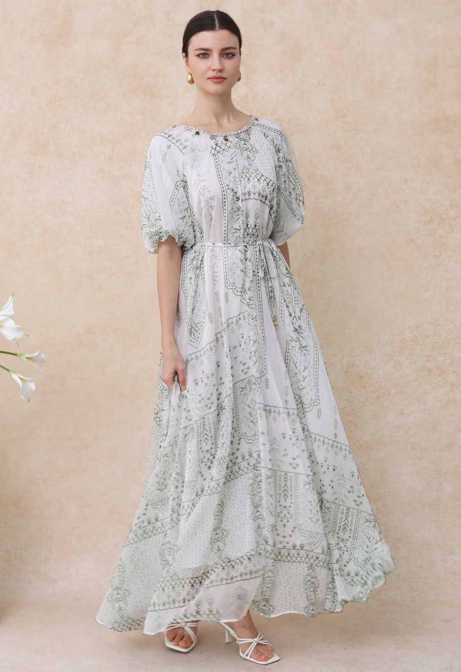 Green Tile Printed Shell Pendant Neckline Maxi Dolly Dress