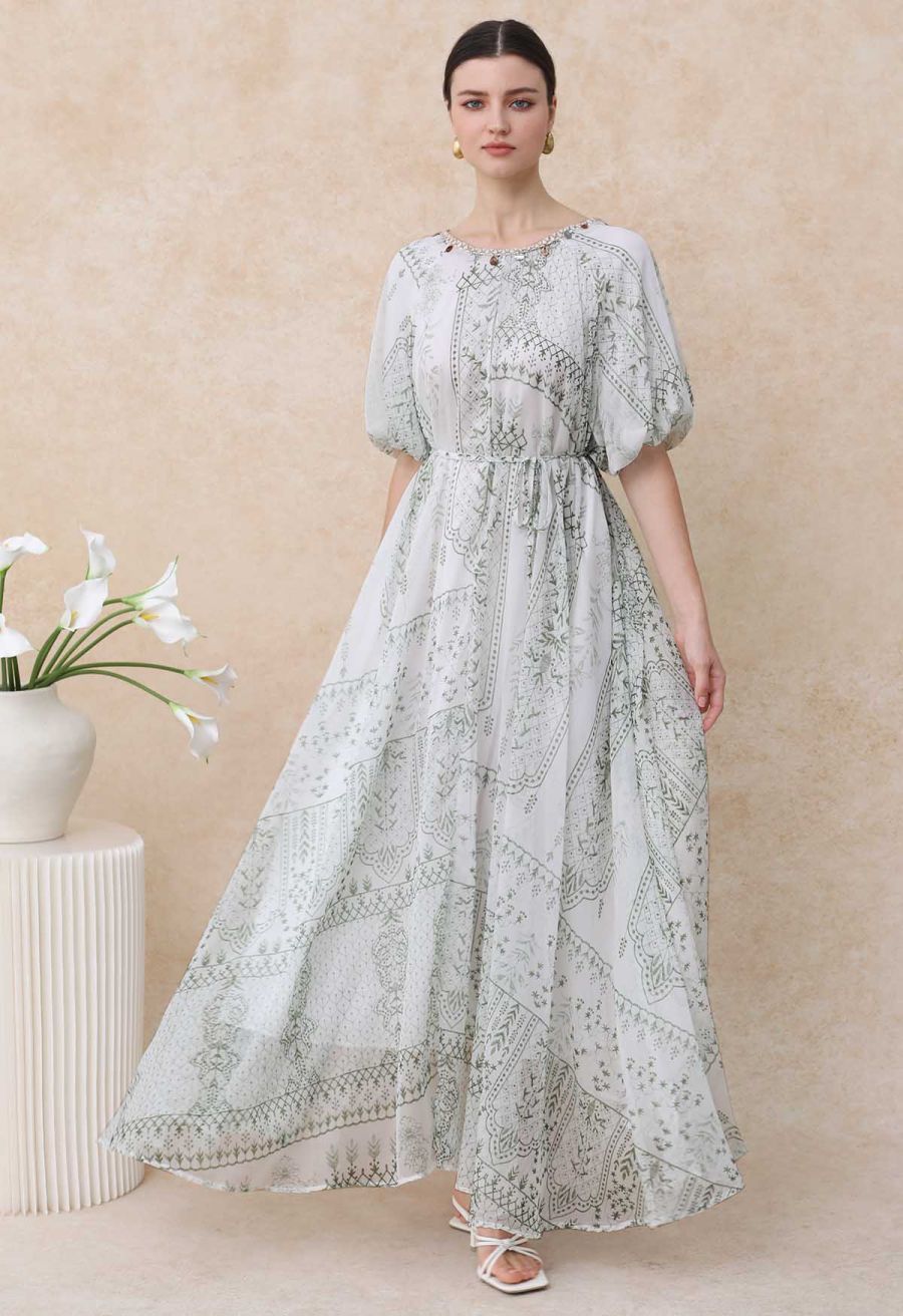 Green Tile Printed Shell Pendant Neckline Maxi Dolly Dress