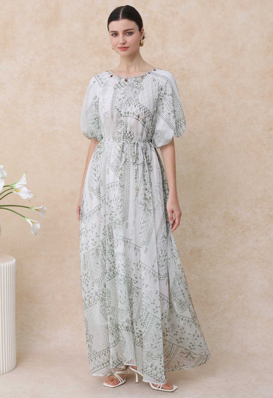 Green Tile Printed Shell Pendant Neckline Maxi Dolly Dress