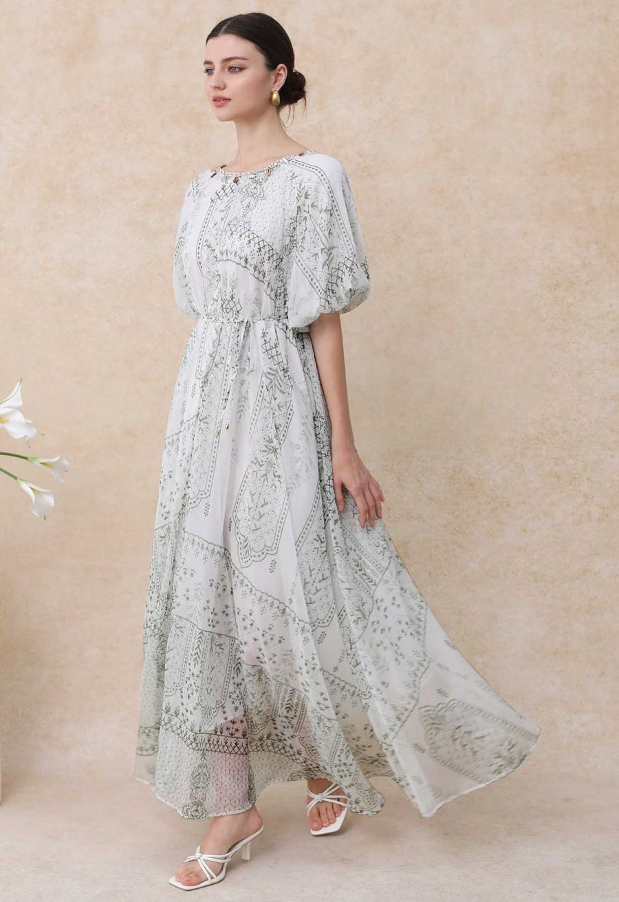Green Tile Printed Shell Pendant Neckline Maxi Dolly Dress