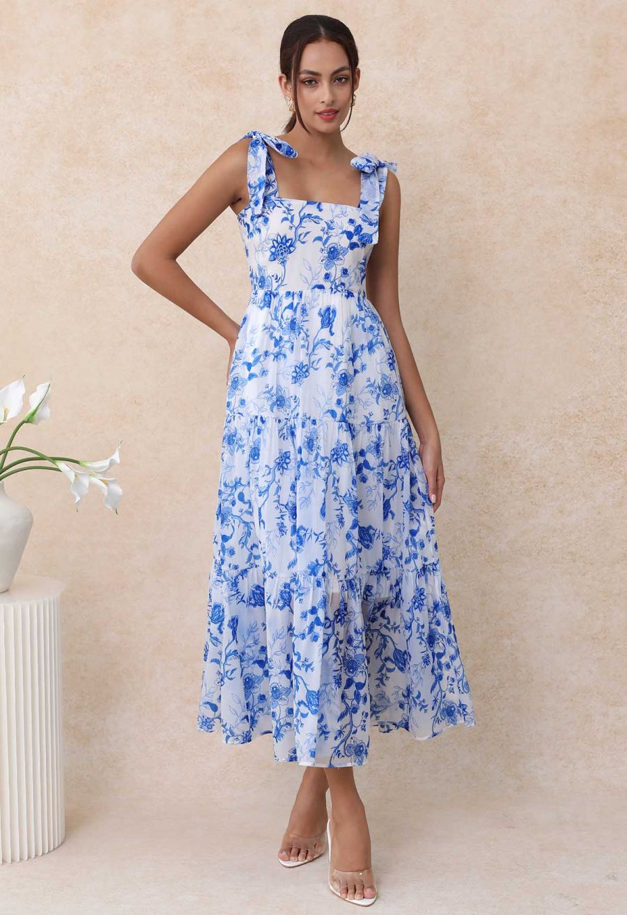Blue Floral Tie-Shoulder Shirred Tiered Dress