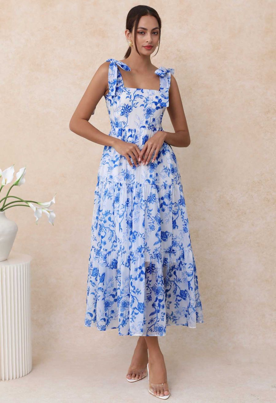 Blue Floral Tie-Shoulder Shirred Tiered Dress