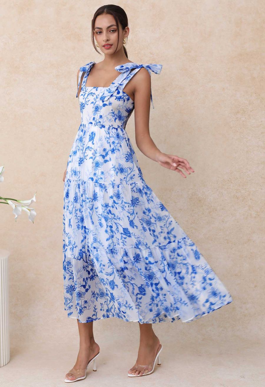 Blue Floral Tie-Shoulder Shirred Tiered Dress