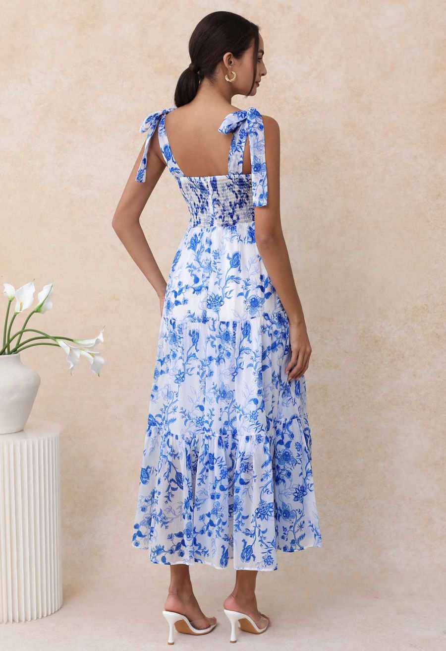 Blue Floral Tie-Shoulder Shirred Tiered Dress